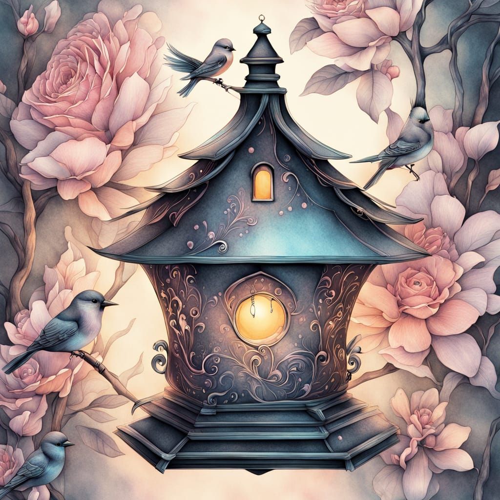 Luxury Birdhouse in Ink Art Style