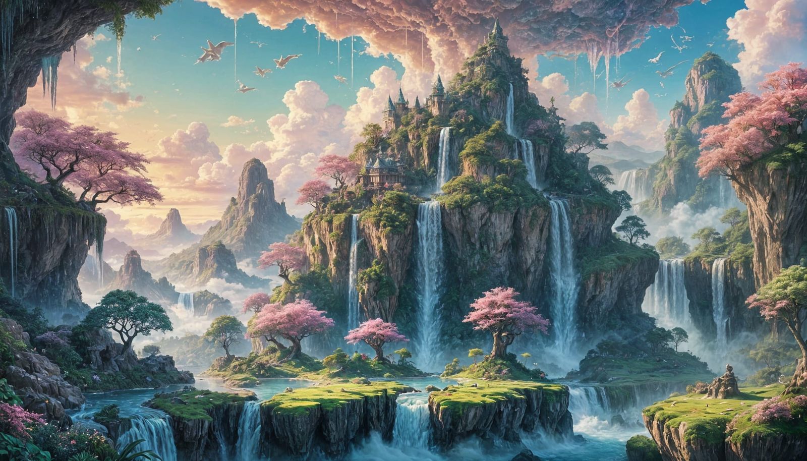 Lo-Fi Nature Oasis with Dragons and Waterfalls in a Vibrant ...