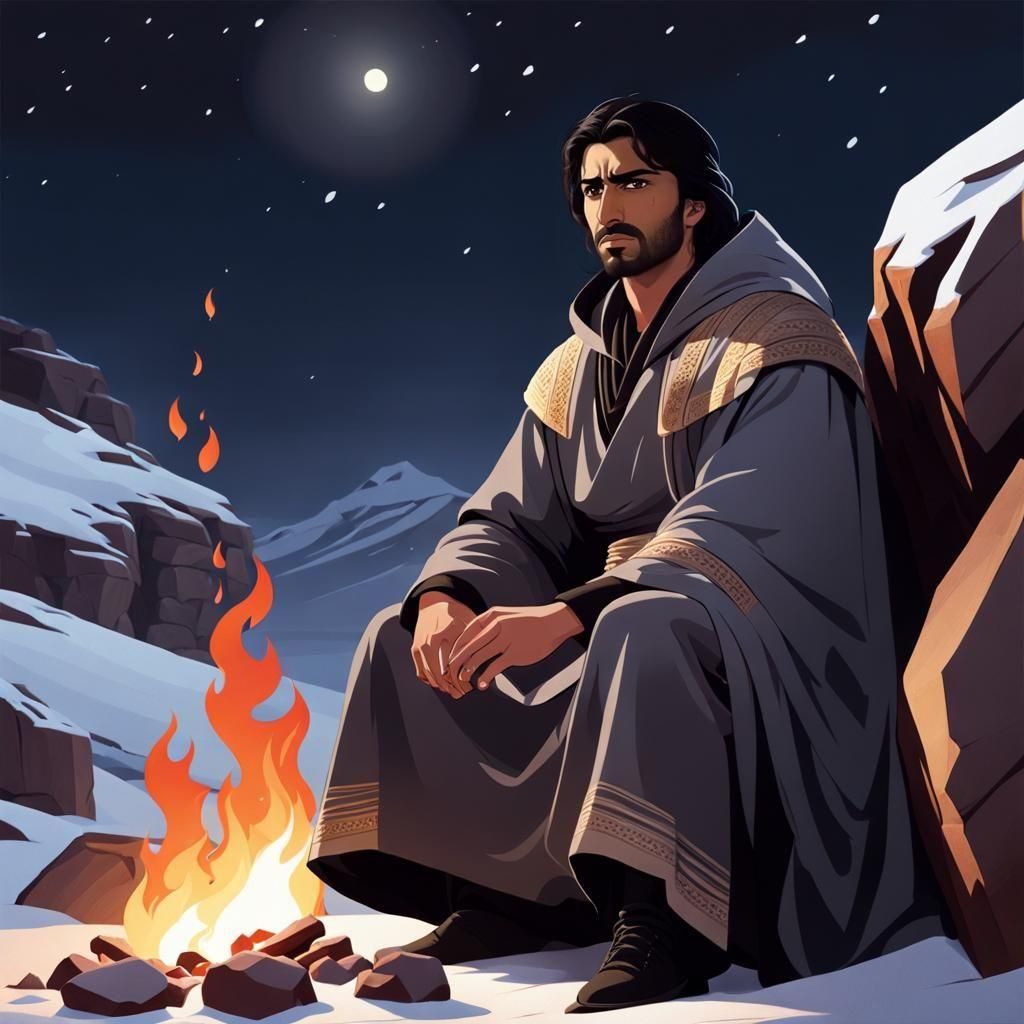 Man by Desert Fire at Night