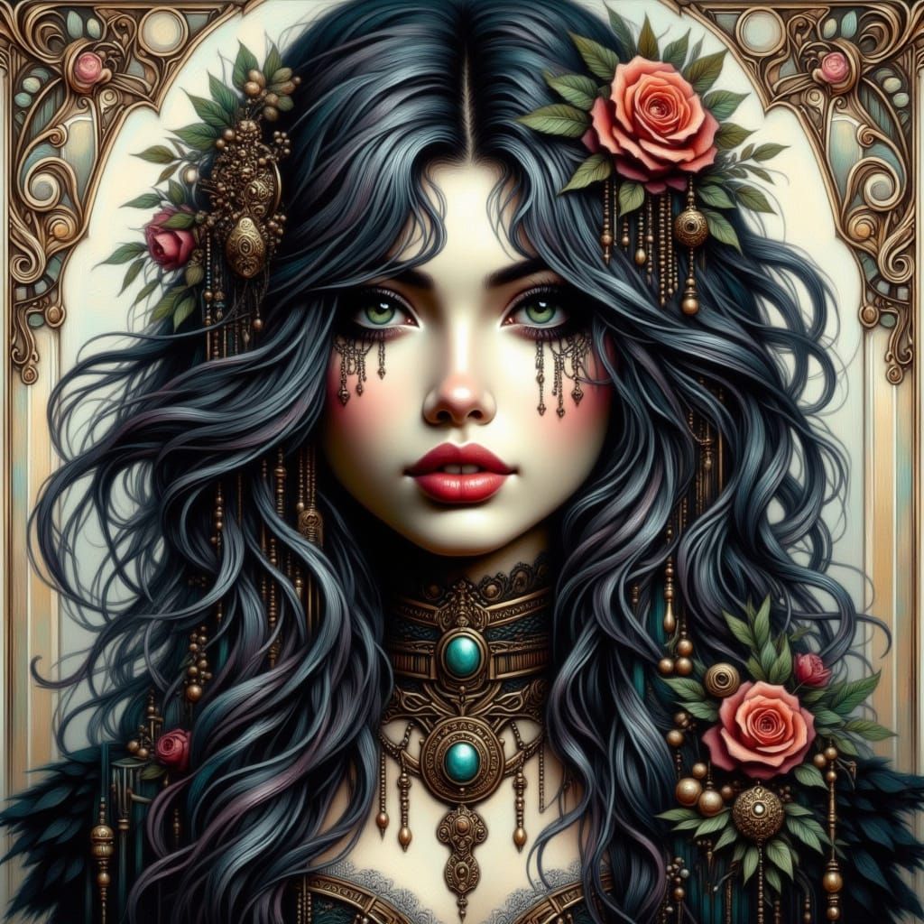 Steampunk Woman with Black Hair and Green Eyes