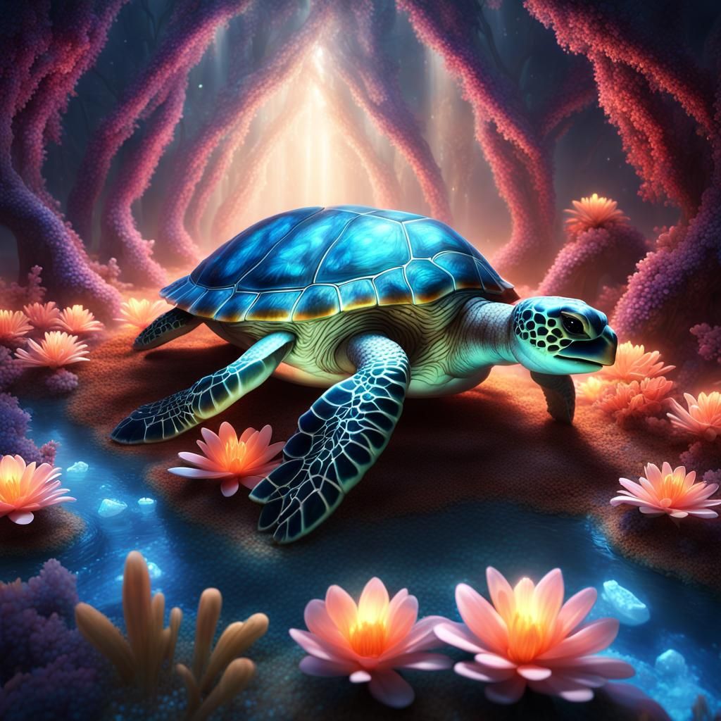 Luminescent Turtle in Crystalline Cavern: Fantasy Concept Ar...