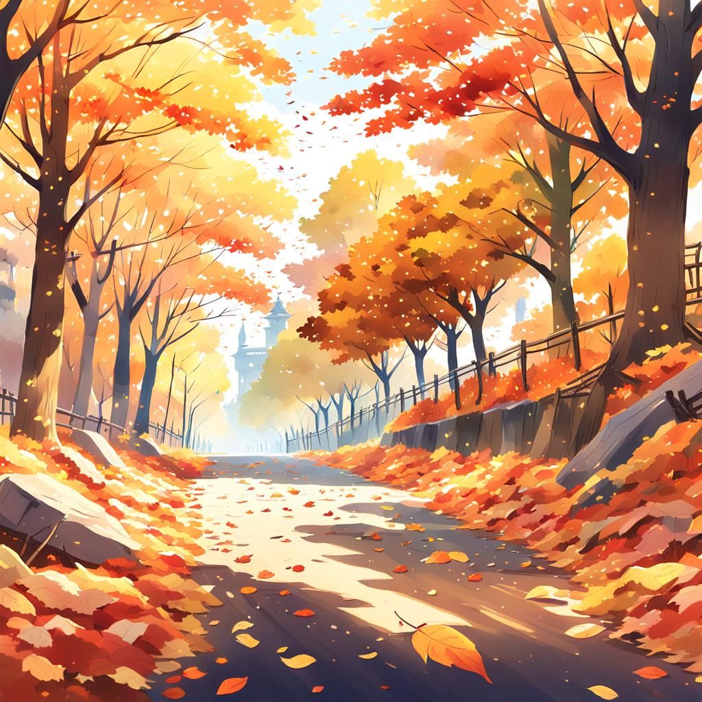 Anime Autumn Landscape in Watercolor Style