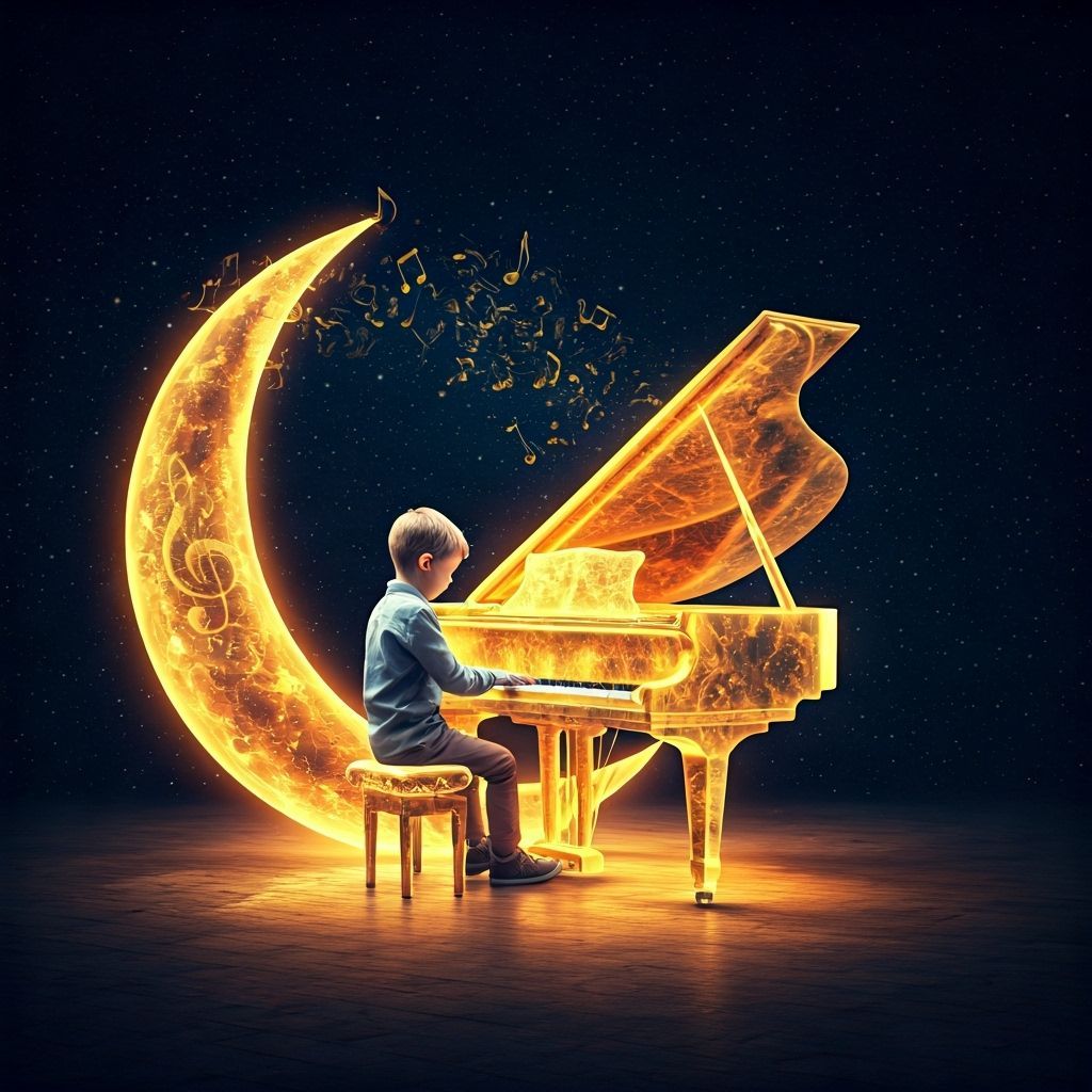 Boy Plays Radiant Energy Piano on Moon in Cosmic Fantasy Art