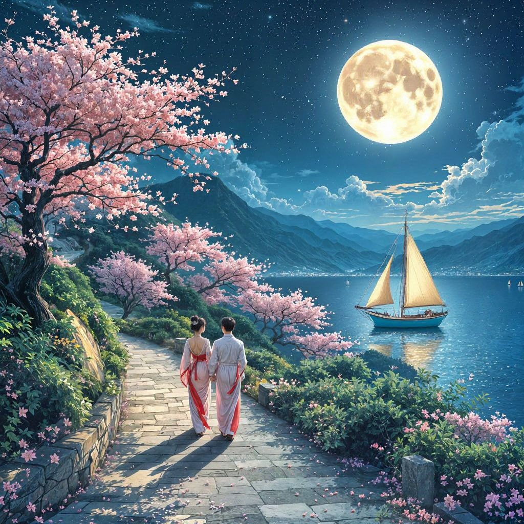 Japanese Summer Night: Tranquil Seaside Digital Art