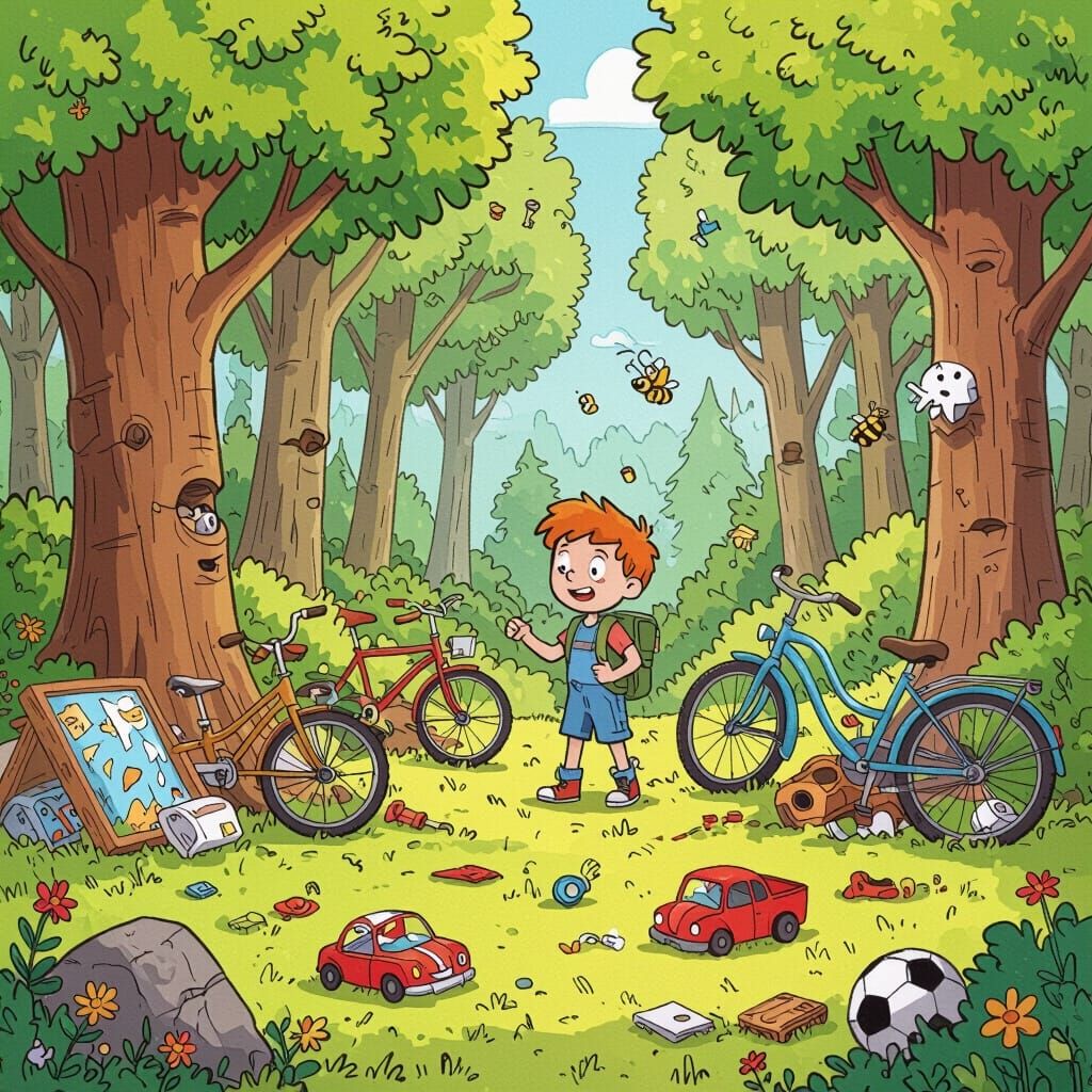 Hidden Object Scene in a Vibrant Comic Forest