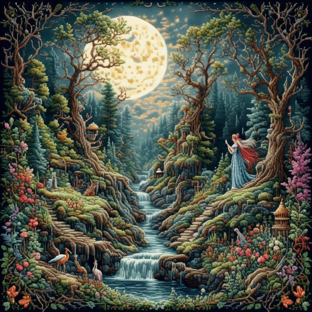 Enchanted Forest Cross-Stitch Under Full Moon