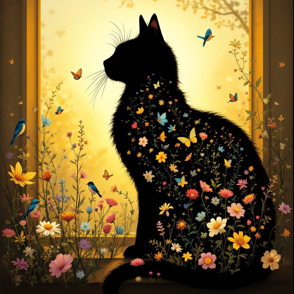 Enchanted Cat Silhouette Filled with Nature Scene