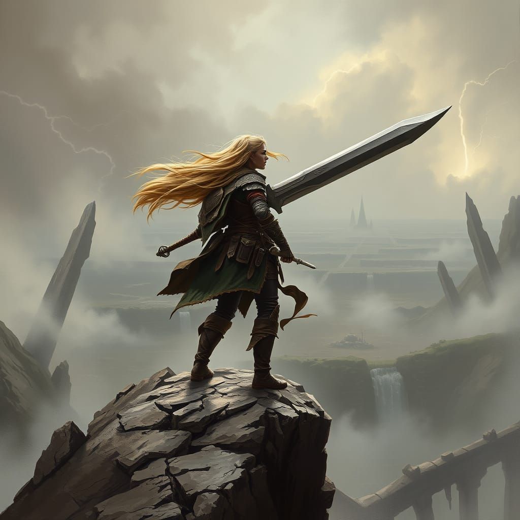 Windswept Warrior on Cliff in Gritty Fantasy Style