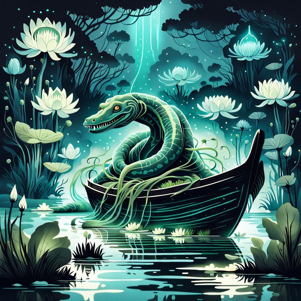 Bioluminescent Lamprey Creature in Misty Pond Illustration