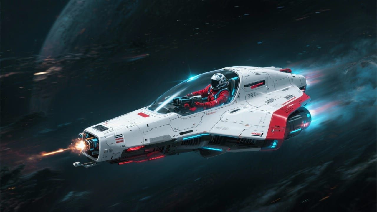 Fast Space Ship Flees Alien Menace in Neon Sci-Fi Style