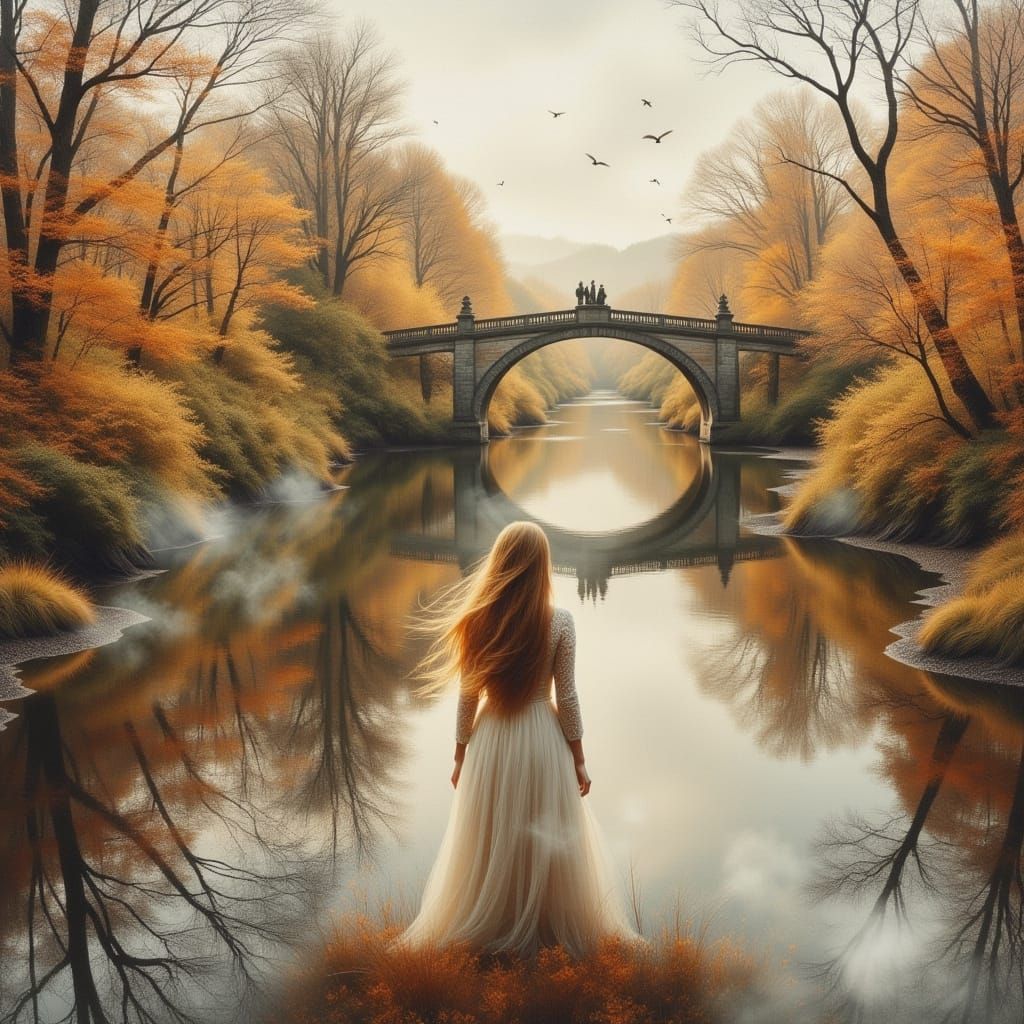 Surrealist Double Exposure: Autumn River and Stone Bridge