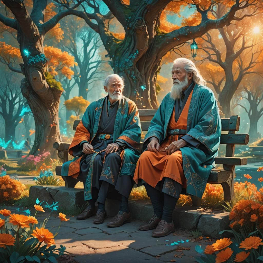 Ethereal Elders in Mystical Park, Fantasy Illustration