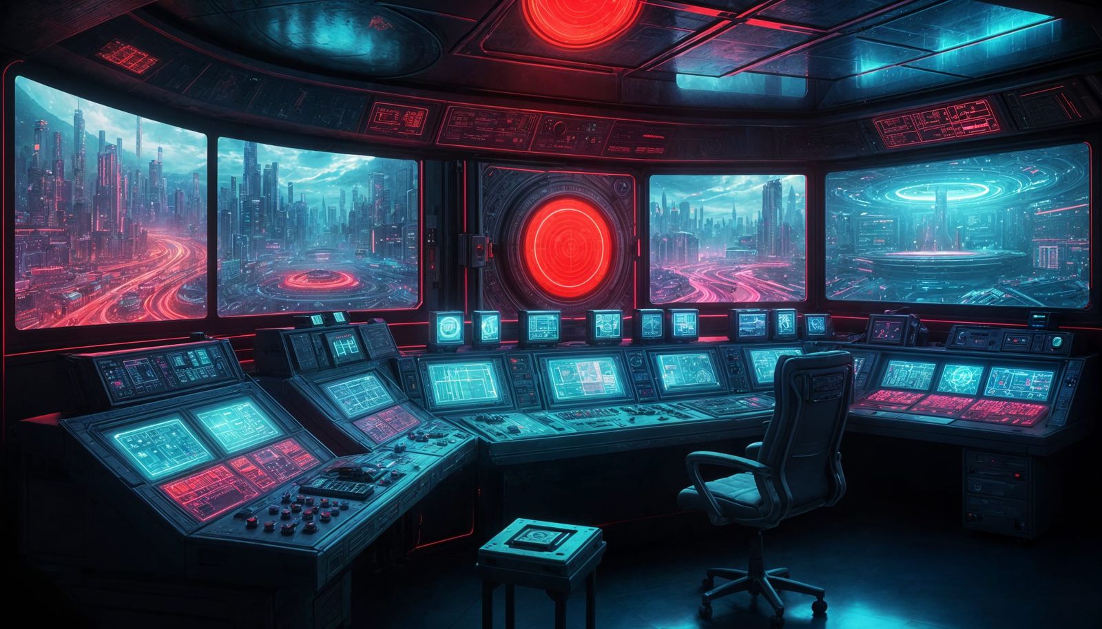 Futuristic Control Room with Glowing Red Button
