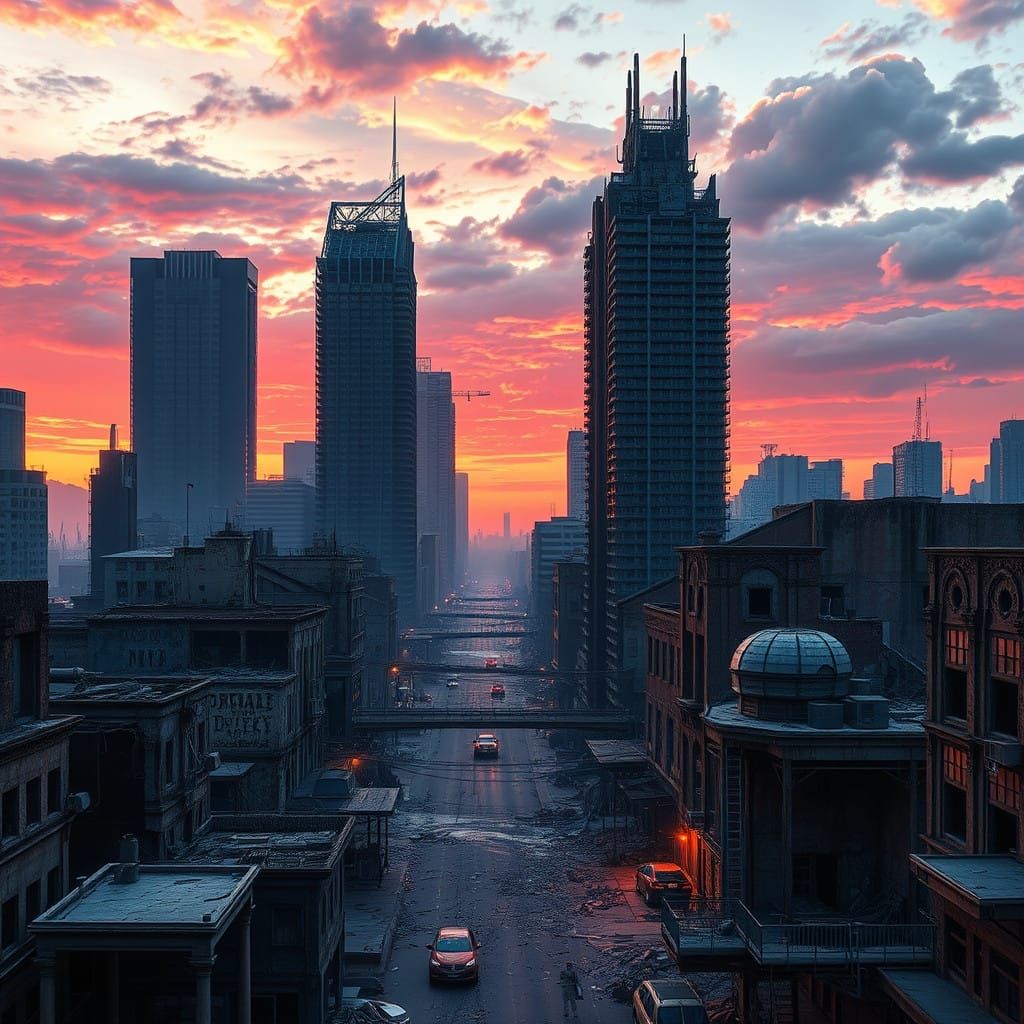 Epic Post-Apocalyptic Cityscape in Vibrant Sunset Hues