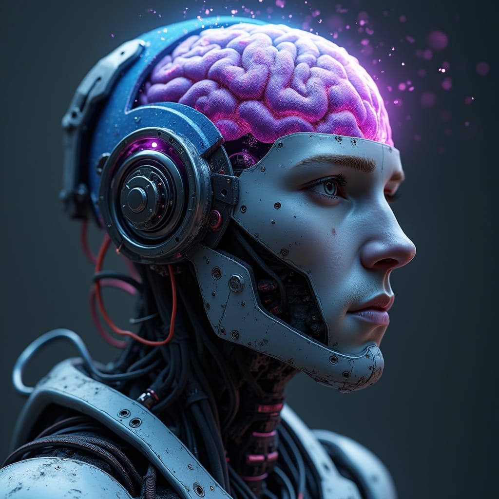 Hyperrealistic Robot Brain Connected to Sparkling Waves