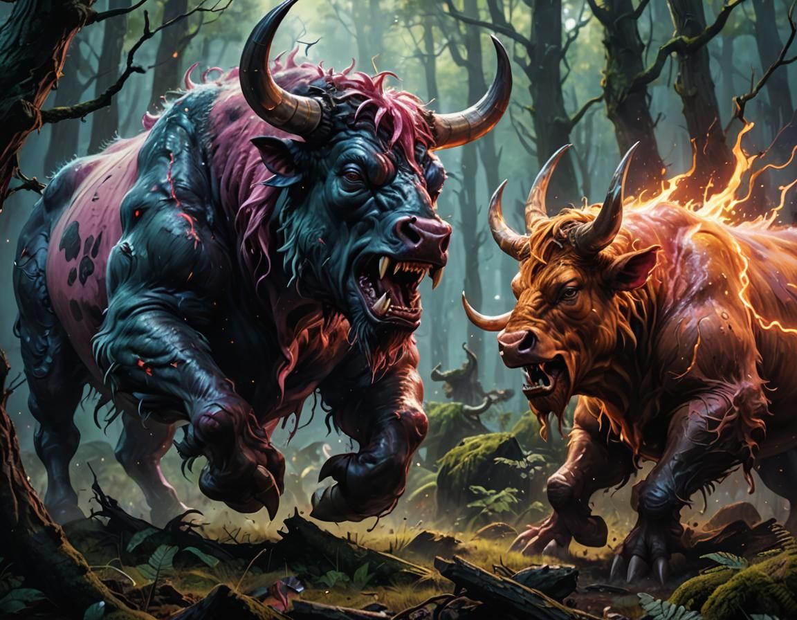 Anthropomorphic Bovine Monster in Epic Forest Battle