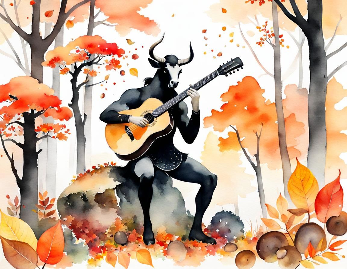 Centaur Guitarist in Autumn Forest: Watercolor Painting