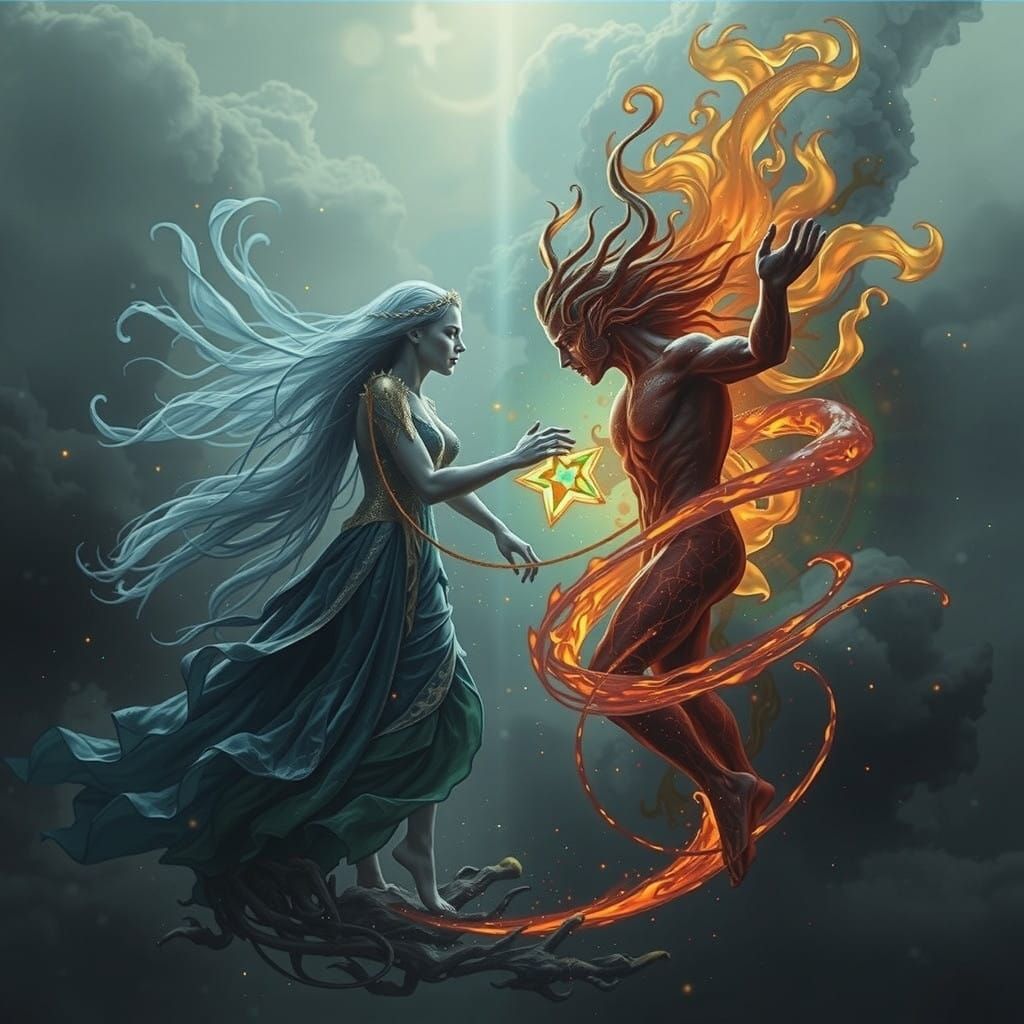 Ethereal Water Spirit Meets Blazing Fire Spirit in Celestial...