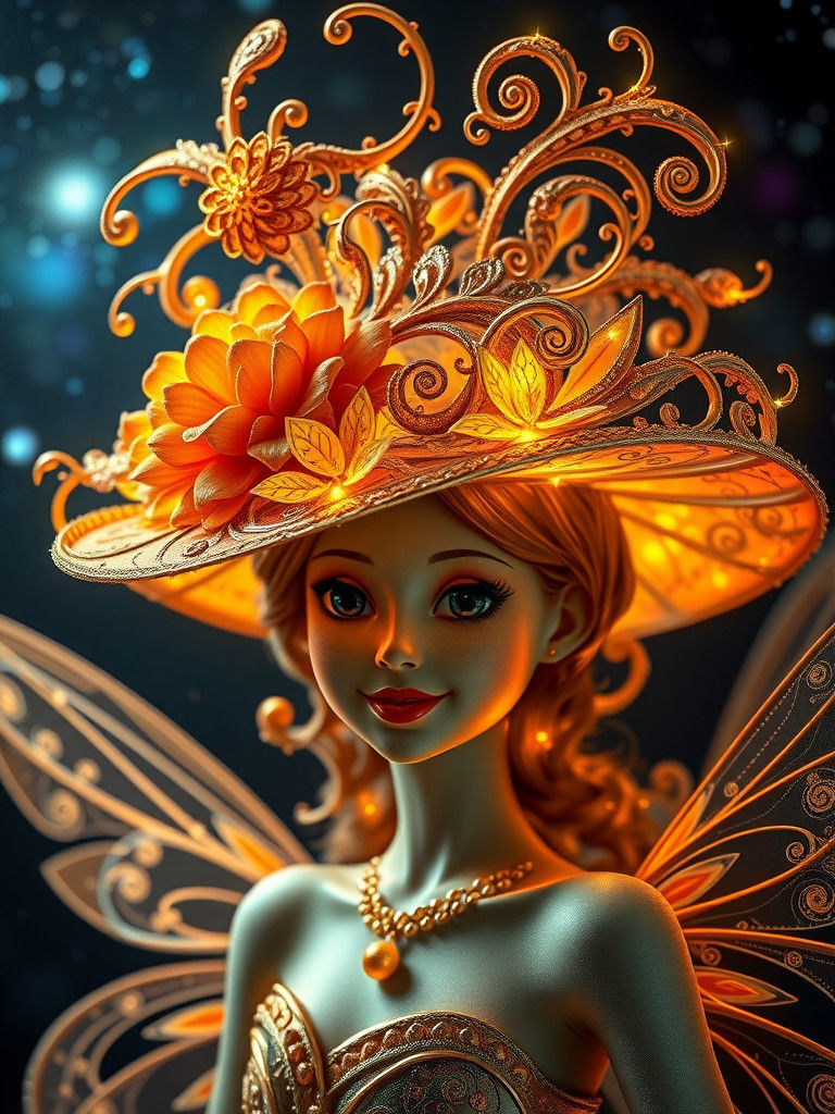 Intricate Fractal Flower Hat on Smiling Fairy