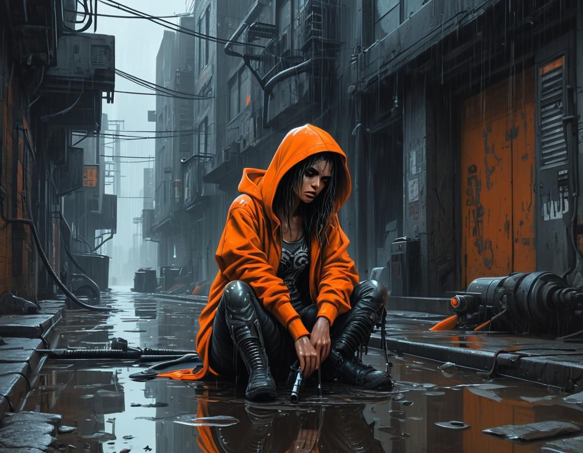 Cyberpunk Girl in Rainy Futuristic Alley