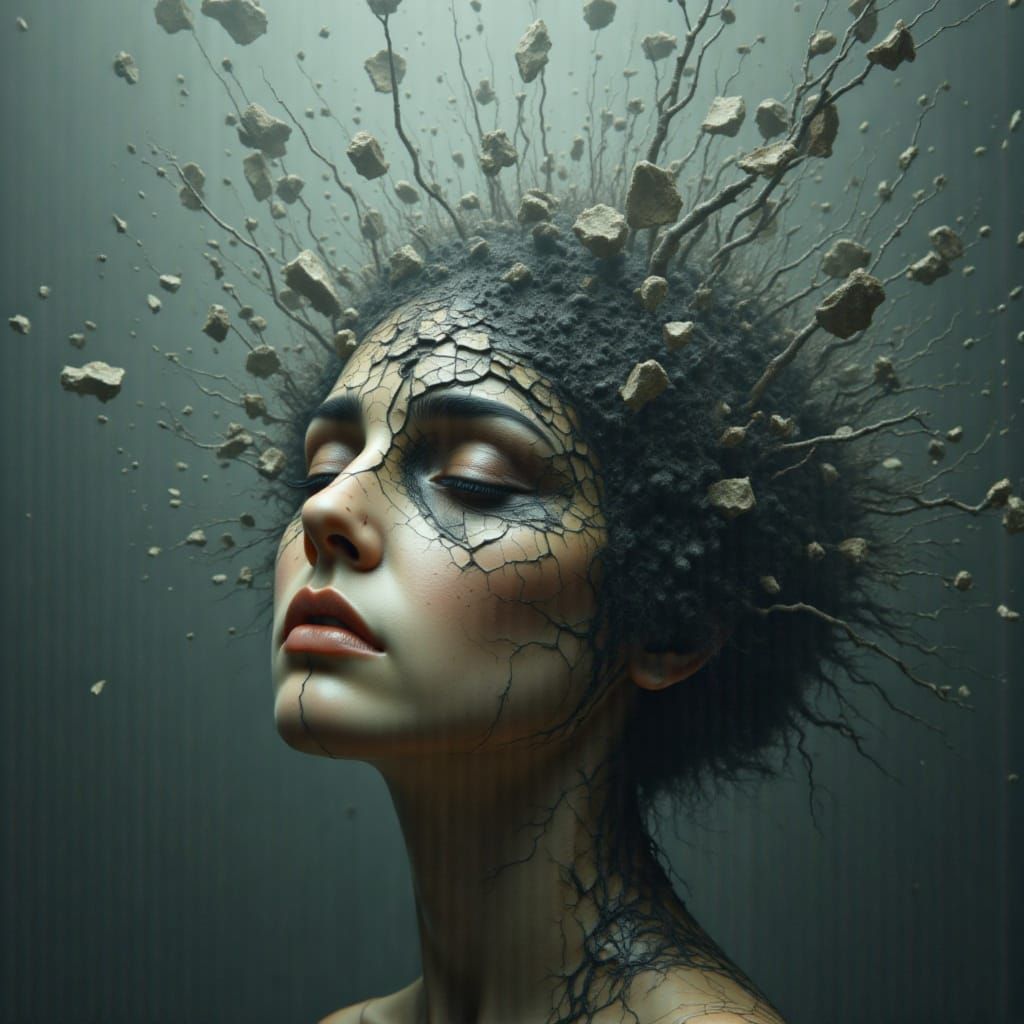 Woman's Head Cracked Open Revealing Inner Emotions