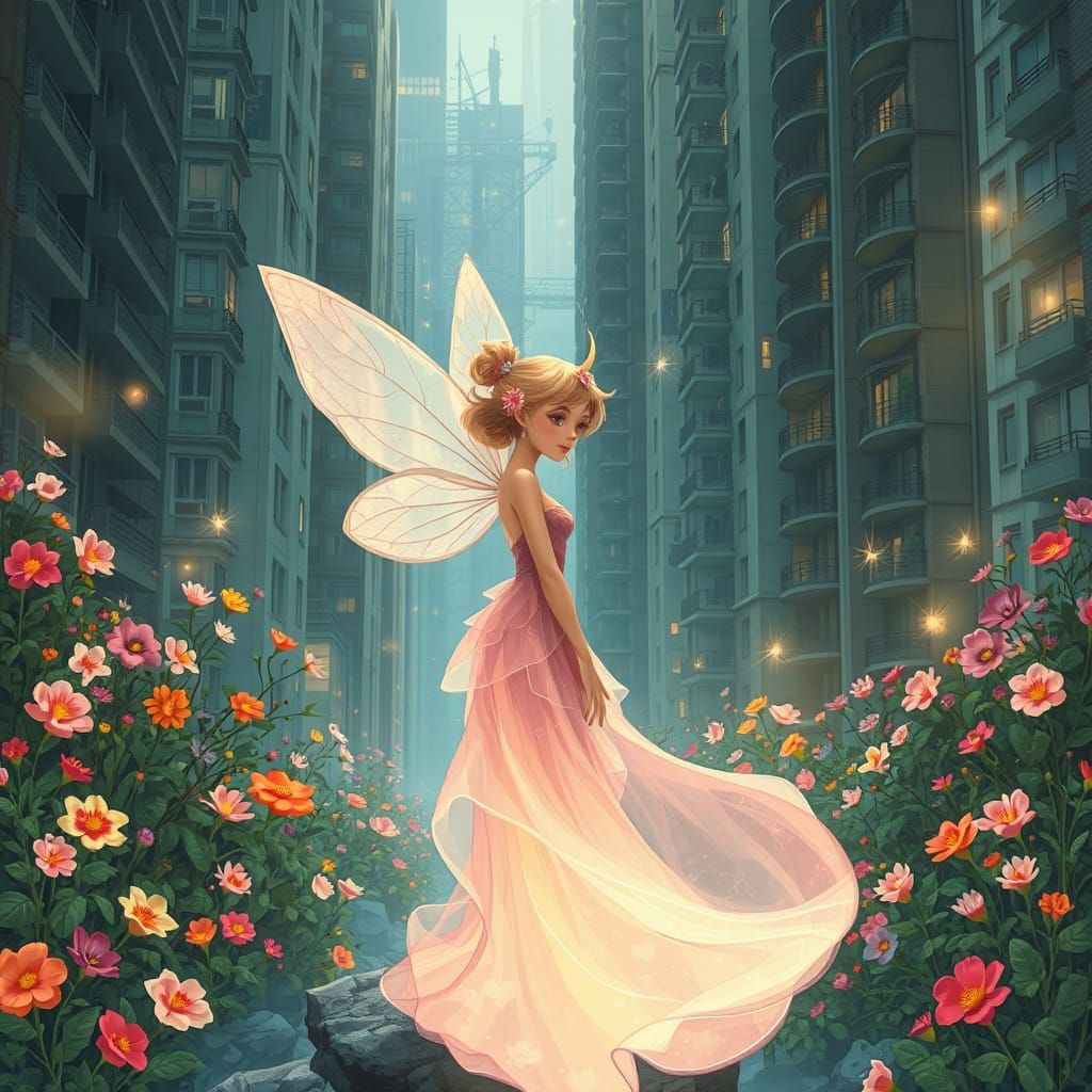 Flower Nymph in Futuristic Cityscape, Digital Art