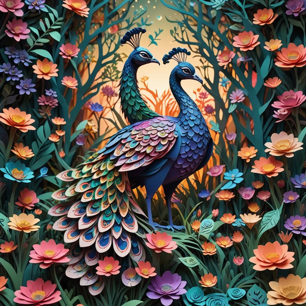 Kirigami Peacock and Elephant Fantasy Art
