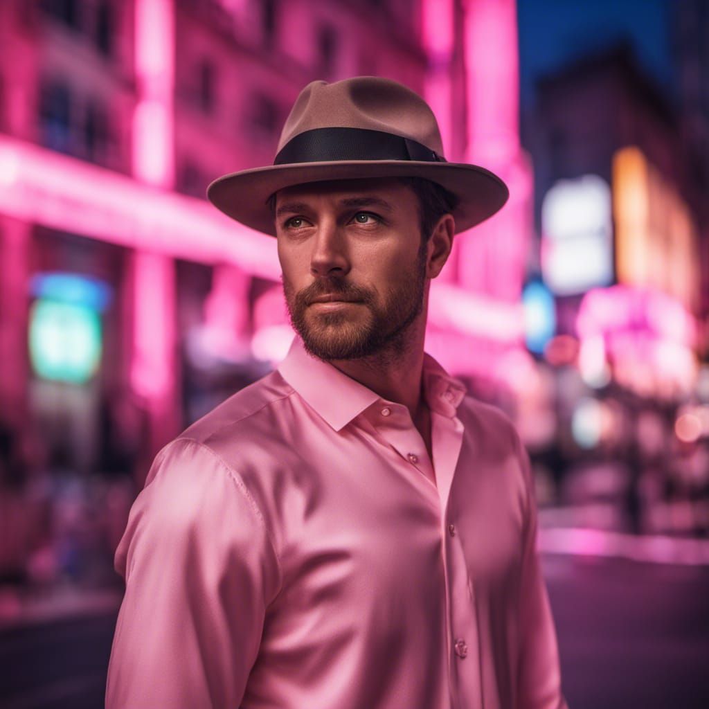 Handsome Irish Man in Pink Shirt, Neon Cityscape