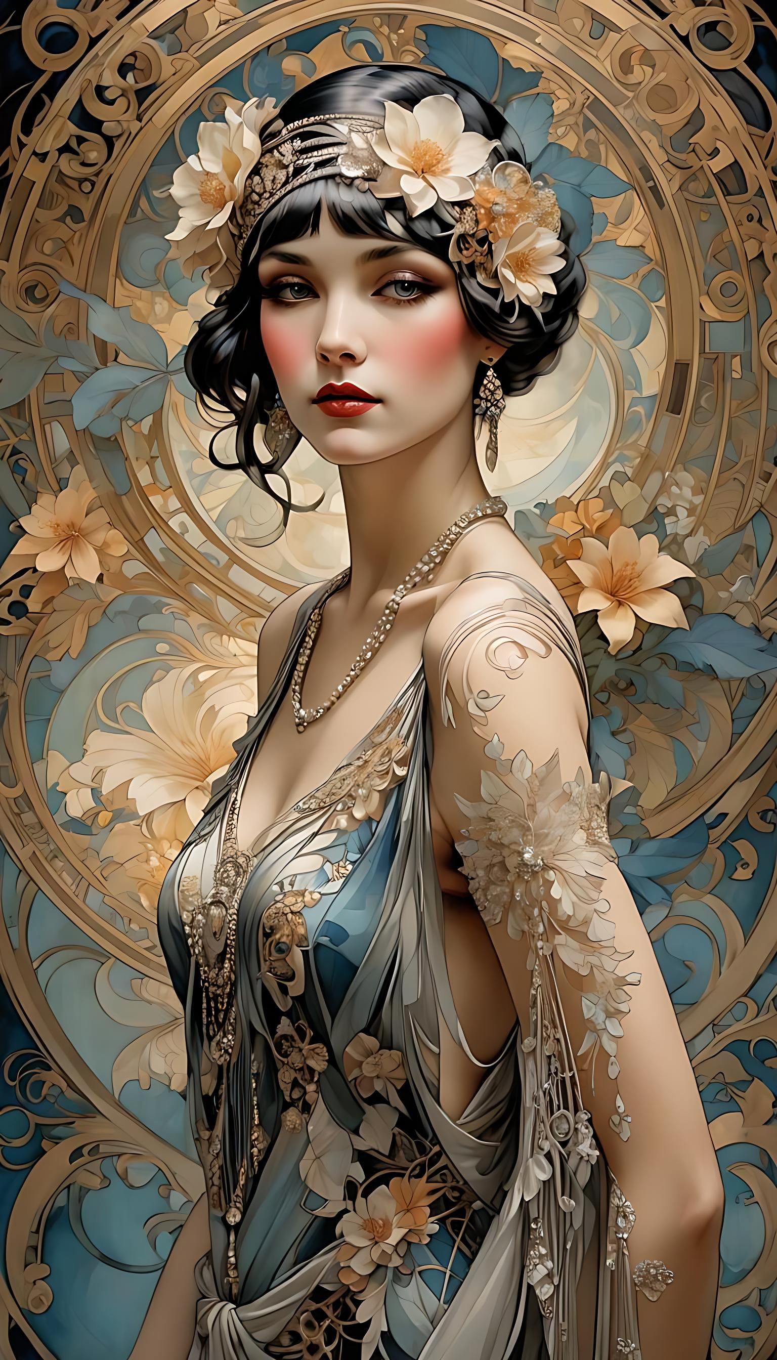Elegant Fractal Flapper Girl in Art Nouveau Style