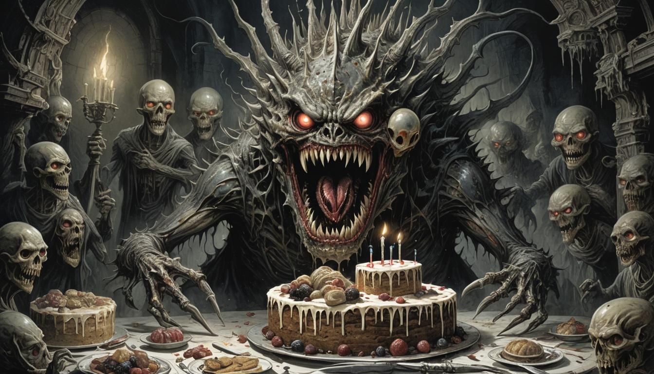 Horror Birthday Cake Monster in Doré Style