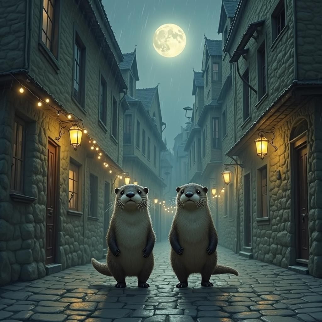 Two Otters Strolling Down a City Street