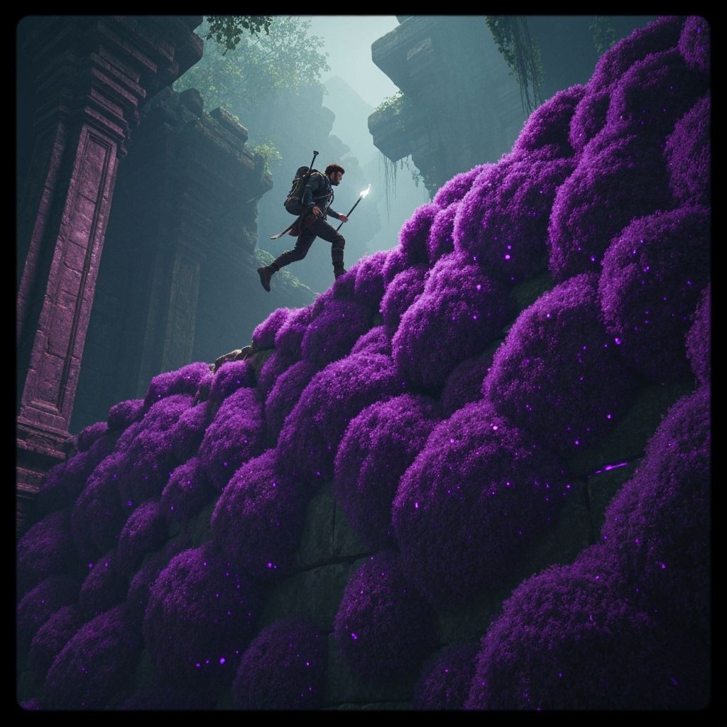 Adventurer Walks Defying Gravity on Glowing Moss Wall