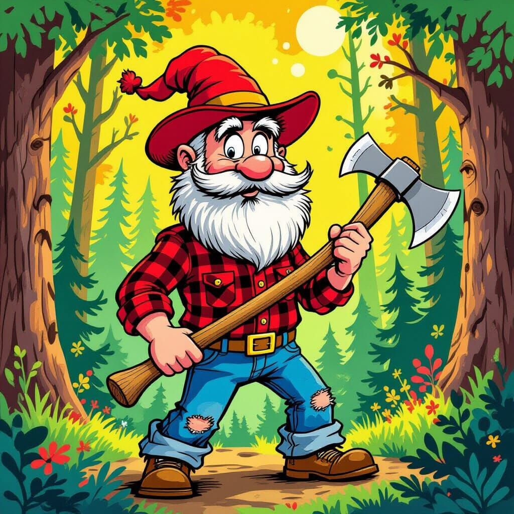 Whimsical Lumberjack Caricature in Vibrant Forest