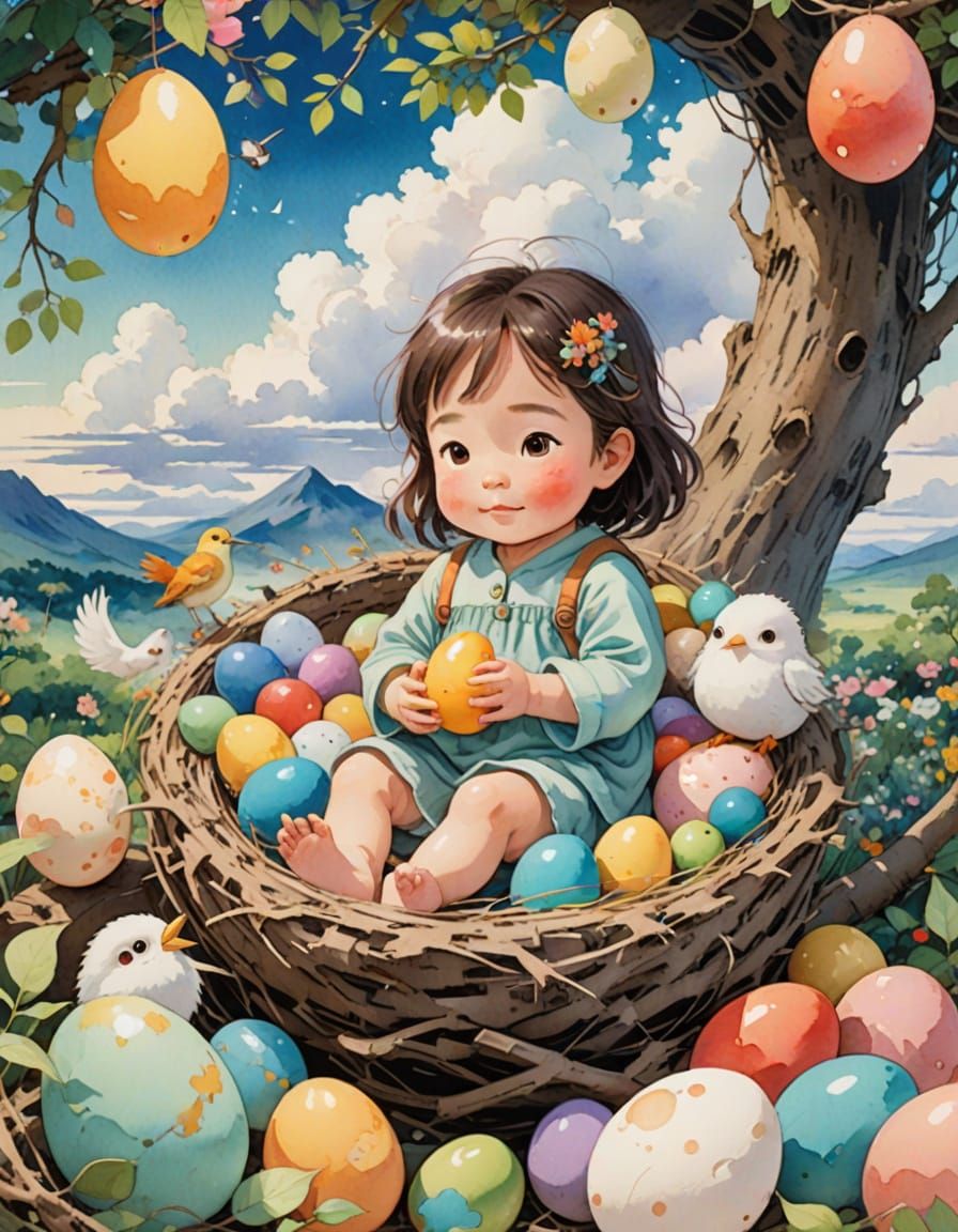 Ghibli-Style Watercolor Whimsy: Happy Egg Girl in Bird's Nes...