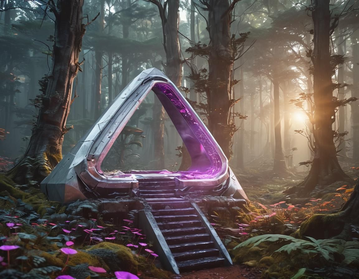 Sci-Fi Dimensional Portal Amidst Mushroom Forest