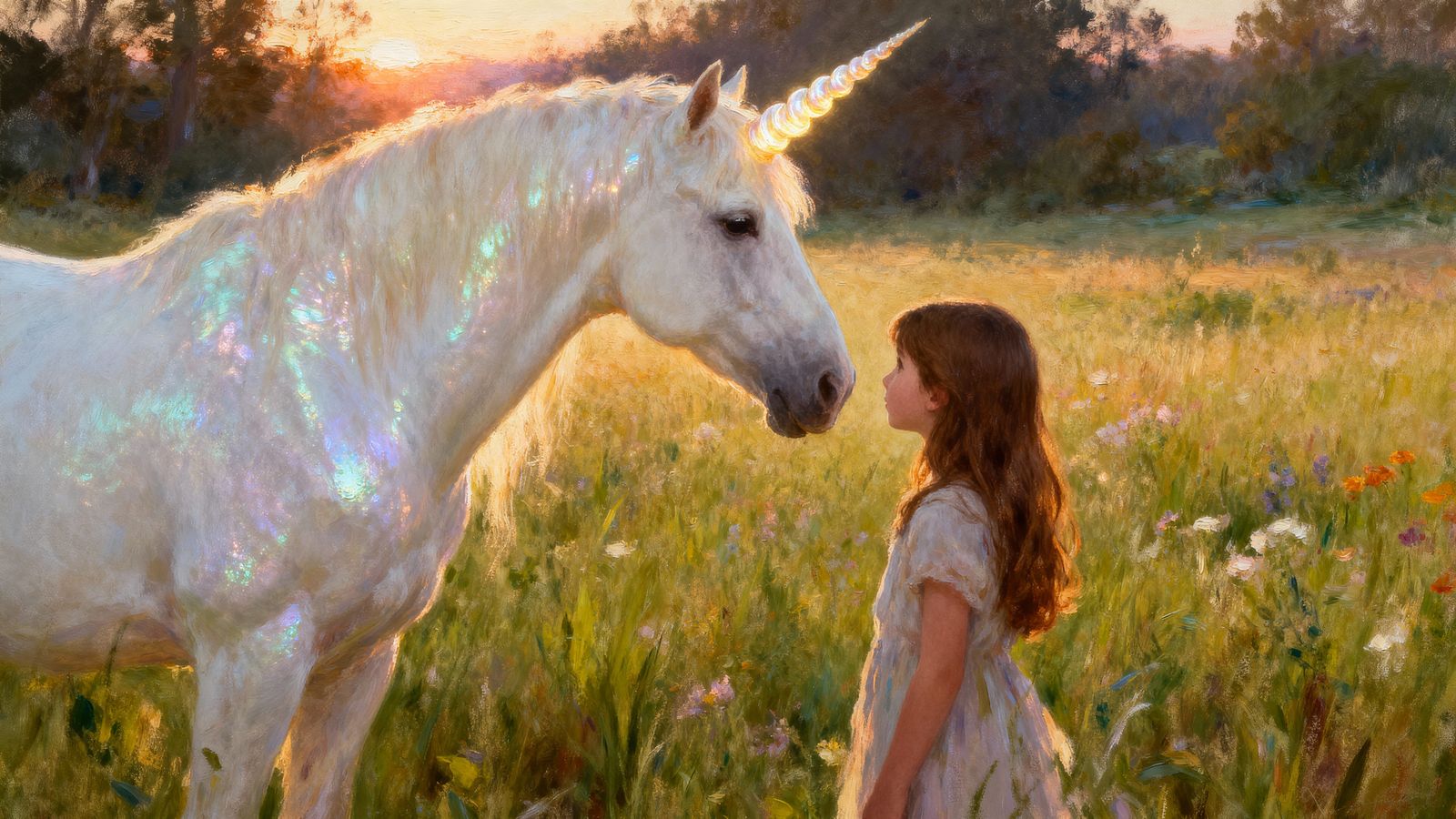 Girl and Unicorn in Meadow Dawn Oil Painting
