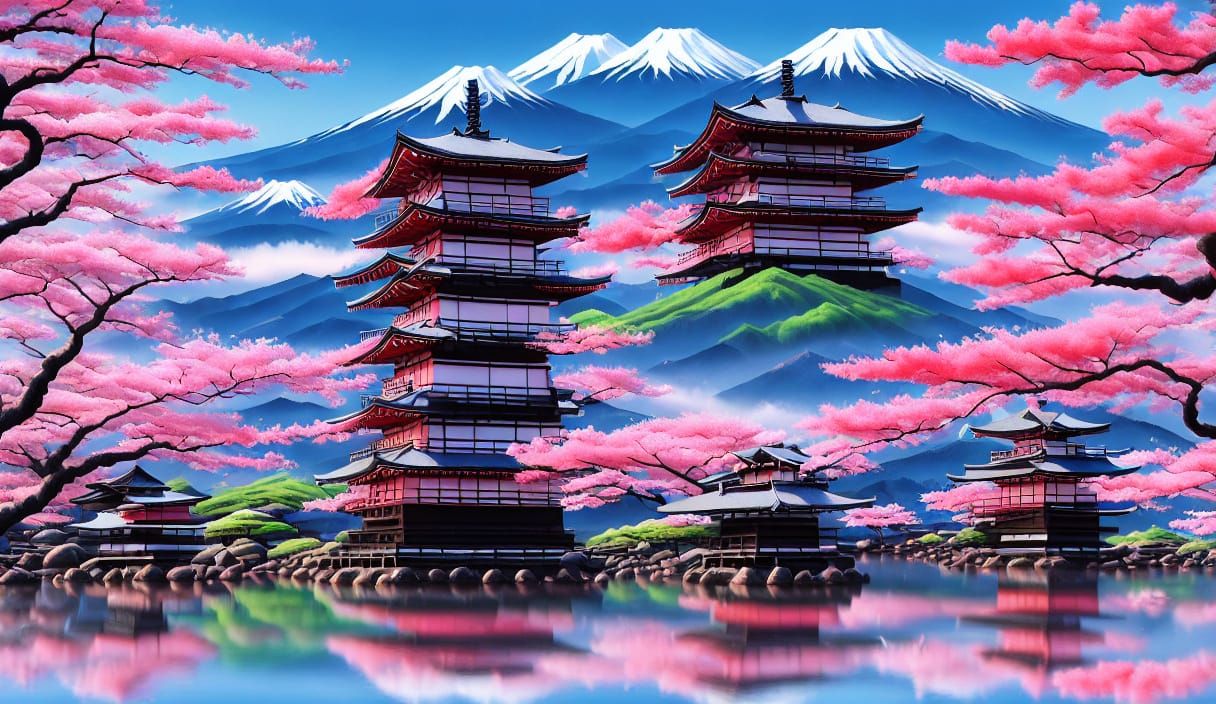 Serene Japanese Lake with Cherry Blossoms