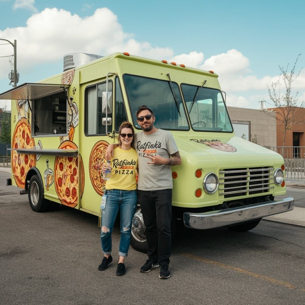 Vibrant Pizza Truck Scene in Urban Landscape