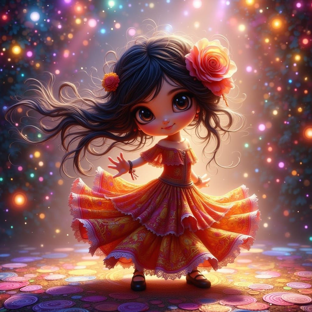 Whimsical Spanish Disco Princess in a Vibrant Bohemian Wonde...