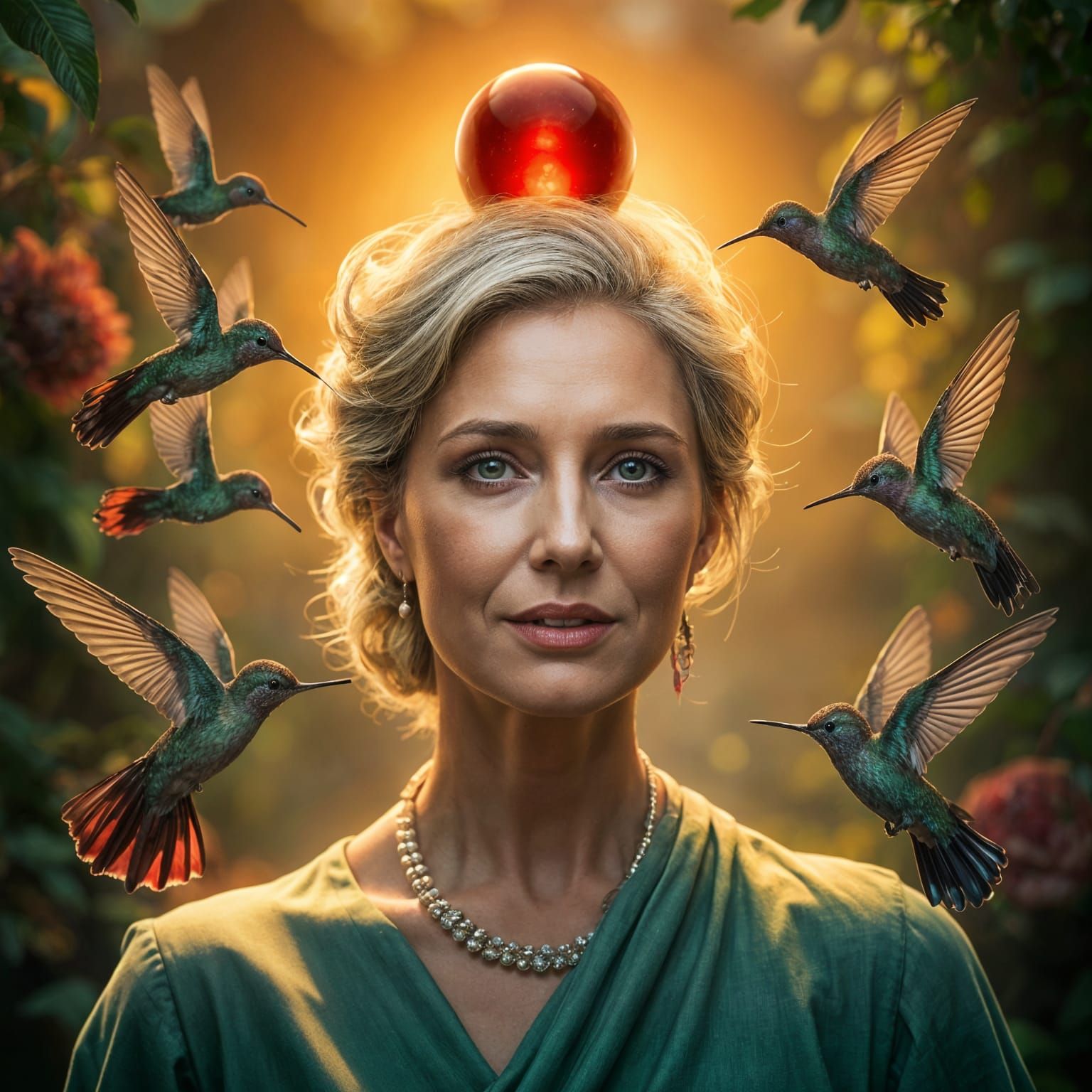 Ethereal Woman Surrounded by Vibrant Hummingbirds in a Radia...