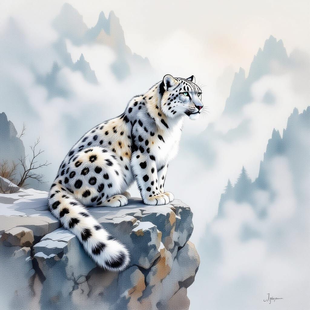 Majestic Snow Leopard in Ethereal Mountain Mist