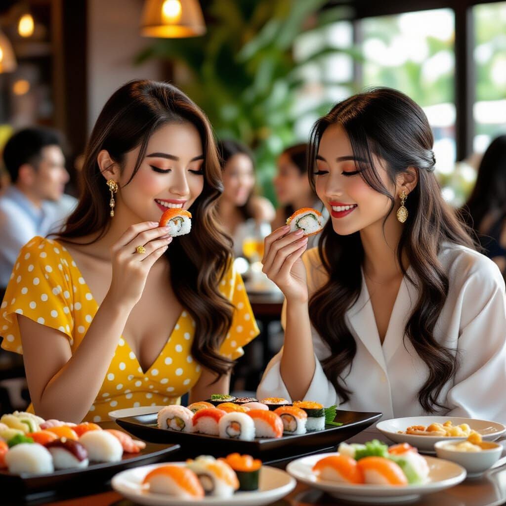 Two Women Enjoying Sushi at an Elaborate Party