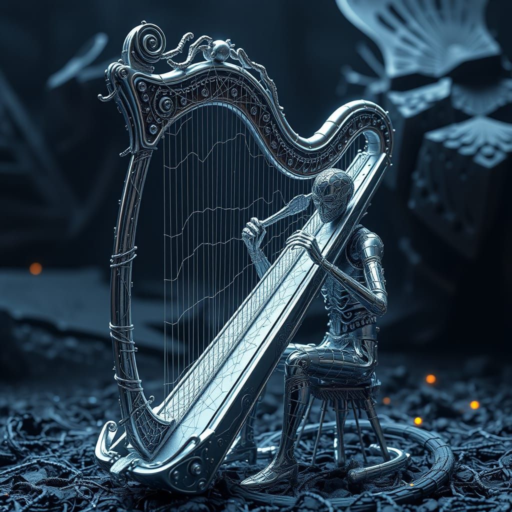 Spiderweb Harpist in Futuristic Sci-Fi Scene