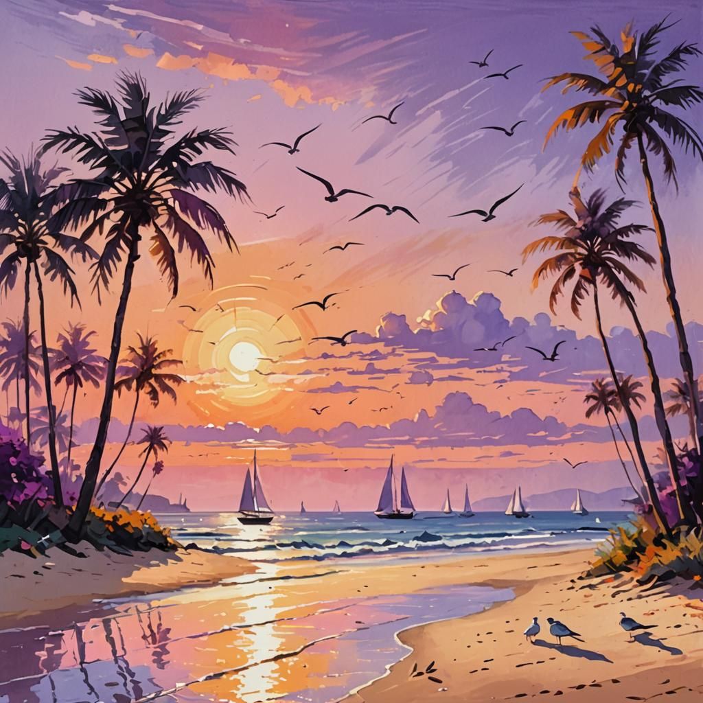 Tranquil Sunset Beach with Sailboats in Impressionist Style