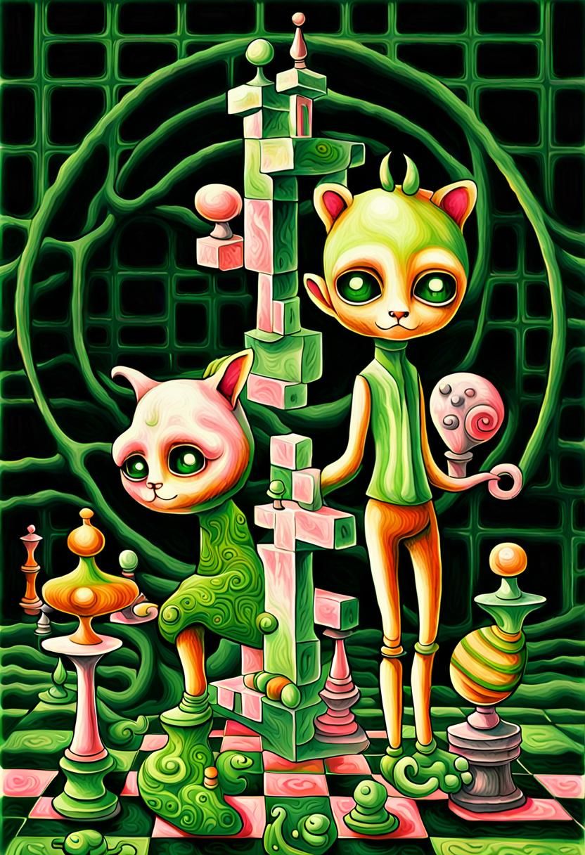 two chibi animals build maze checkers and puzzles, DMT art, ...