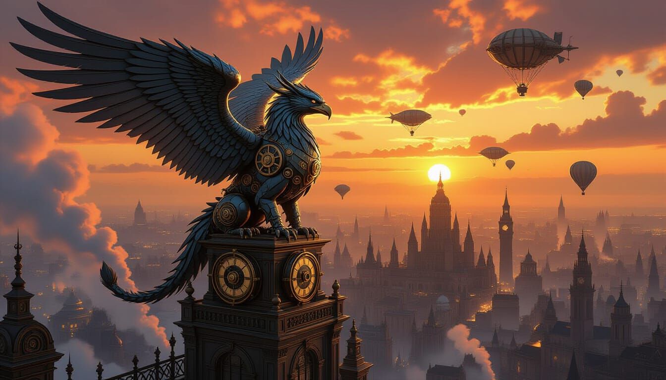 Clockwork Griffin Surveys Steampunk City At Twilight