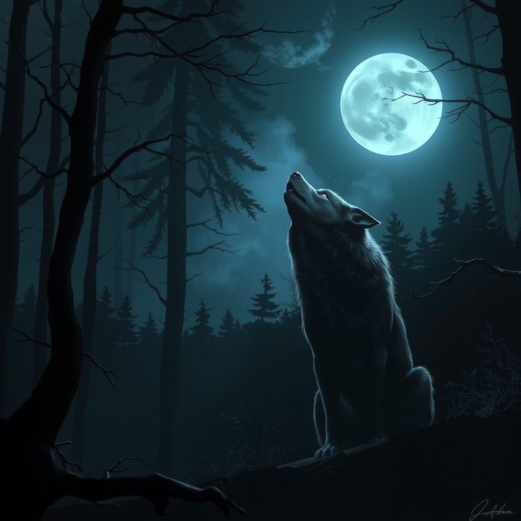 Mystical Lone Wolf Howling in Dark Forest