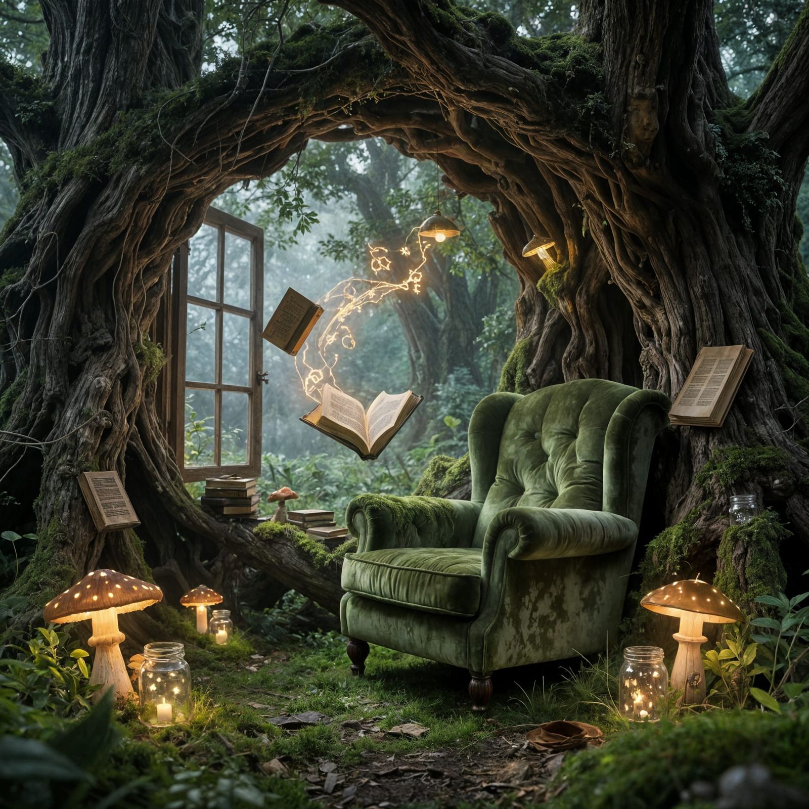 Enchanted Oak Tree Reading Nook in Misty Forest