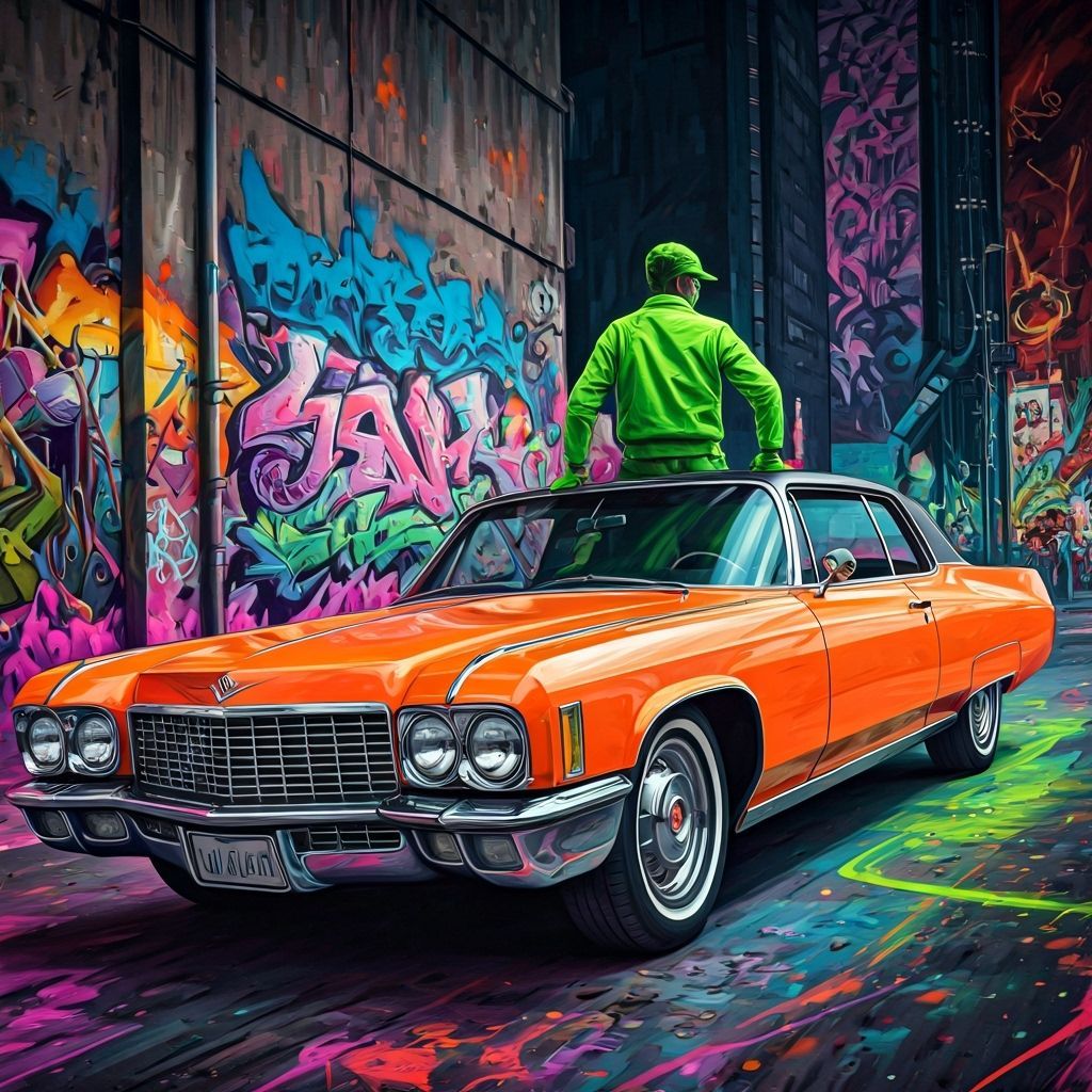 Neon Cadillac in Vibrant Polychromatic Street Art