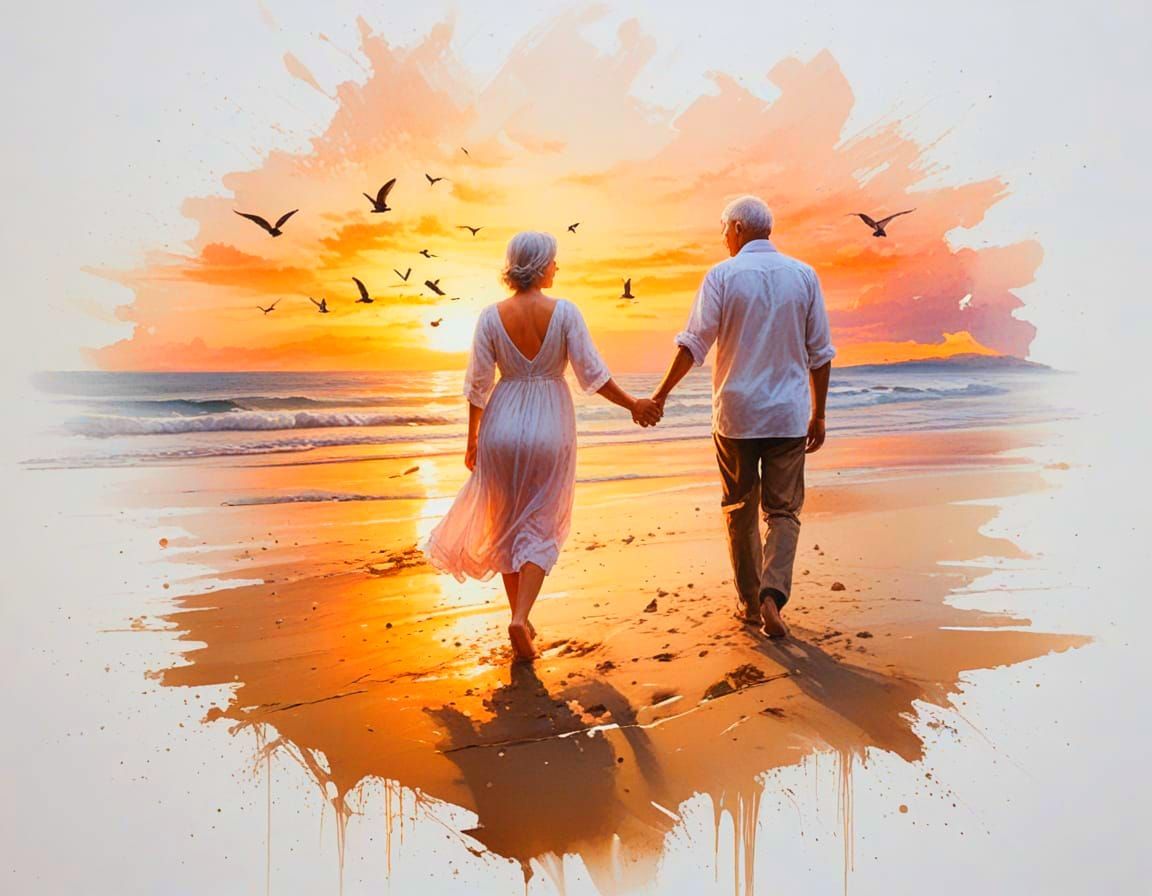 Elderly Couple on Beach at Sunset, Painterly Realism